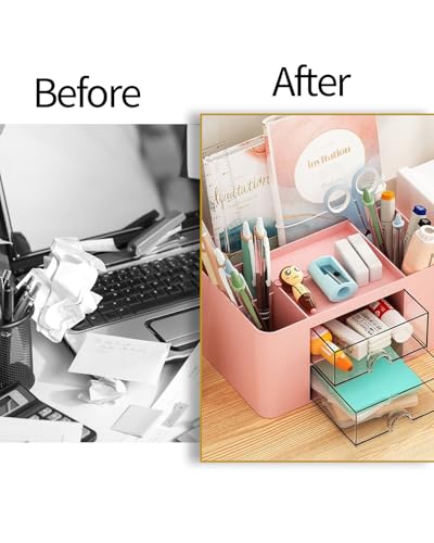 Image of Office Desk Organizer with 2 Drawers Multi-Functional Desktop Pen Pencil Case Storage Box,Desktop Organizer for Office Home Supplies Pink LCC570-03