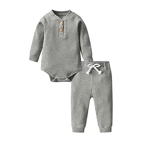 Image of Newborn Baby Boy Girl Clothes Ribbed Cotton Long Sleeve Romper and Pants Outfits Set