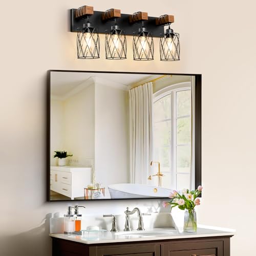 Image of IZORRO Farmhouse Bathroom Vanity Light, 4-Light Wood Bathroom Light Fixtures Over Mirror, Black Industrial Vanity Lights with Metal Shade, Rustic Restroom Lighting Fixtures