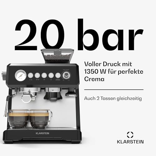 Klarstein GrandPresso Siebträgermaschine Mit Mahlwerk – 20 Bar, 1.350 W, Integriertes Präzisionsmahlwerk, Dampfdüse, 2,3-l-Wassertank, Schwarz, Tassenwärmer