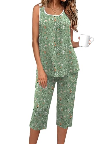 Image of Ekouaer Capri Pajama Sets for Women 2 Piece Soft Cute Pjs Round Neck Sleeveless Lounge Set for Summer Sleepwear S-XXXL