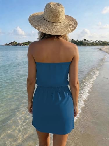Image of Summer Dress for Women Strapless Beach Cover Ups Boho Sundress Mini Dress Drawstring Waist with Pockets