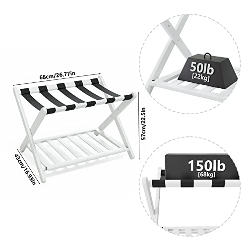 Smuxee Fully Assembled White Luggage Rack Pack of 2, Bamboo Foldable Suitcase Stand with 5 Nylon Straps, Luggage Holder with Shelf for Guest Room Bedroom Hotel (White Luggage Rack 2pcs)
