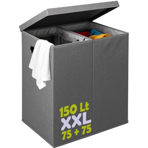 BAKAJI Cesto Portabiancheria Sporca 150 L a 2 Scomparti, Cestino Doppio con Sacchi Estraibili per Biancheria e Bucato, Vassoio di Smistamento con Maniglie Metallo, Coperchio Antiodore, 64 x 36 x 65cm