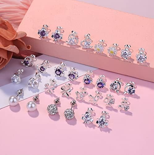 Milacolato 15 Pairs 925 Sterling Silver Stud Earrings Set Cubic Zirconia Earring Pearl Crystal Round Heart Shape CZ Flower Butterfly Stud Earrings Jewelry for Women Girls