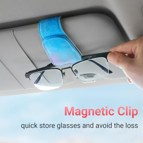 Image of KanSmart Sunglass Holder for Car Visor Sunglasses Clip Magnetic Leather Glasses Eyeglass Holder Truck Car Accessories for Woman Man -Blue Wave