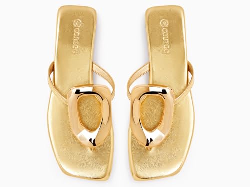 Image of Coutgo Womens Flat Sandals Comfortable Flip Flops Slide Sandals Summer Beach Shoes with Metal Decoration