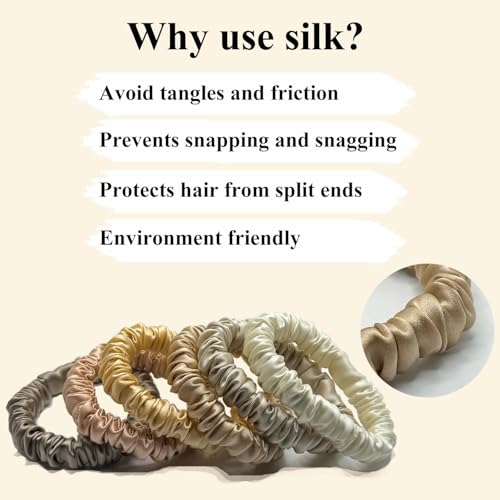 Image of VLOMOT 6 Pcs Set 100% Pure Mulberry Silk Scrunchies Hair Ties with 6 Chic Colors Everyday Skinny Scrunchies Silk Ponytail Holders Hair Care No Damage (Champagne)