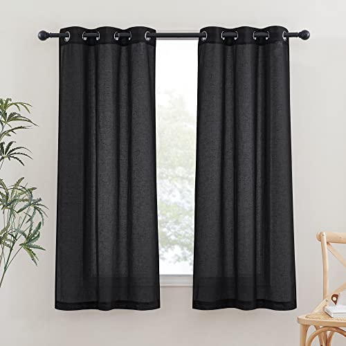 NICETOWN Black Sheer Curtains for Bedroom, Grommet Linen Blend Semi Sheer Window Drapes Privacy Light Reducing Drapes for Boys Room, W36 x L63, 2 Pane