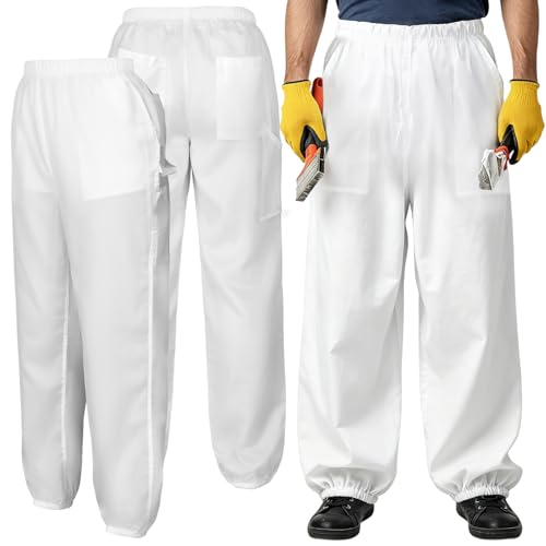 Cutecrop 2 Pcs White Men Painters Pants with 6 Utility Pockets Plus Hammer Loop Reusable Pullover Workwear Trousers Durable Lightweight Lint Free Anti-Static Premium Protection for Work Paint