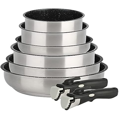 KAMBERG - 6-Piece Cookware Set - Stainless Steel - Stone Coating - Suitable for All Heat Sources Including Induction - Removable Handle - PFOA Free Grey Cover