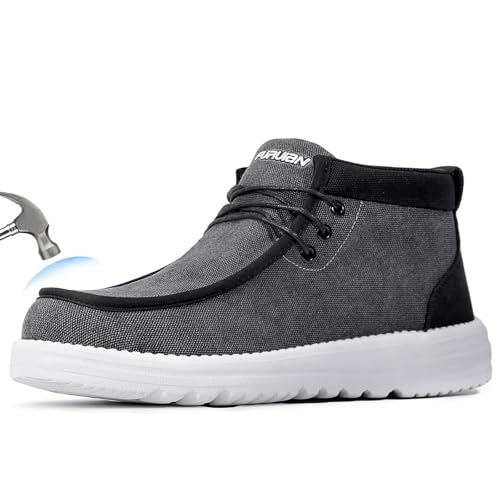 Furuian Steel Toe Shoes for Men High-top Safety Shoes Steel Toe Work Boots for Men Lightweight Canvas Safety Work Loafers Zapatos De Seguridad para Hombres Grey