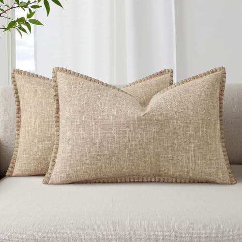 decorUhome Fall Decorative Throw Pillow Covers 12x20 Set of 2 Lumbar Faux Linen Farmhouse Pillow Covers with Stitched Edge Outdoor Pillow Covers for Couch Sofa Living Room, Taupe