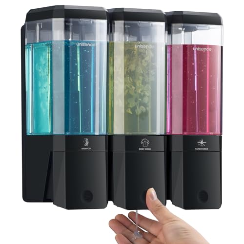 Unisence 3-Chamber Wall Mounted Shower Dispenser - No Drill Soap and Shampoo Dispenser for Bathroom Hotel - Large Capacity 3 x 500ML, Black