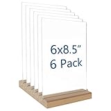TopTie 6 Pack Acrylic T Shape Sign Holder 6x8.5 with Wooden Stands, A5 Table Menu Number Holders