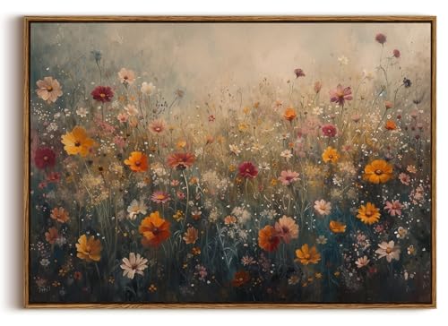 Image of KISSFOX Vintage Framed Wall Art Decor Rustic Wildflower Field Pictures Wall Decor Colorful Daisy Flower Paintings Botanical Canvas Art Prints Modern Farmhouse Artwork For Bedroom Kitchen Living Room