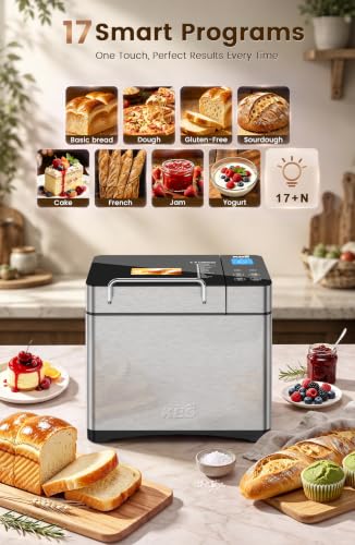 Image of KBS Pro 710W 2.2LB Bread Maker, Stainless Steel 17-in-1 Smart Bread Machine with Healthy Ceramic Pan, Automatic Nut Dispenser, Tempered Glass Touch Panel, 3 Crust Colors, 15H Timer &Keep-Warm, Recipes