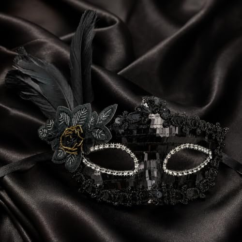 Image of Wanna Party Black Sequin Masquerade Mask for Women Men,Venetian Mask Shinny Eye Masks for New Year Halloween Costume Mardi Gras Party Ball- Black
