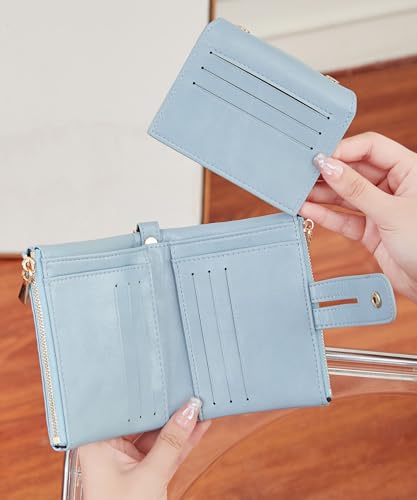 Image of AOXONEL Wallets for Women Small Rfid Bifold Leather Ladies Wallet,Travel Billfolds Medium Size Card Holder with Removable Wristlet Chain,Multi-Card Slots,ID Window,Double Zipper Coin Pocket (Blue)