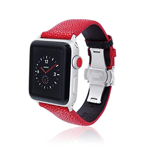 fitjewels for Apple Watch Band 42/44mm - Stingray - Red/Black - Silver Adapter Clasp- Leather iwatch Strap Replacement Band with Butterfly Clasp for Apple Watch Series 5 Series 4 Series 3 Series 2/1