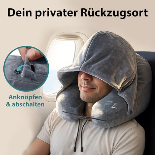 FLOWZOOM Air Nackenkissen Flugzeug in H-Design, Reisekissen für 5 Schlafpositionen, schnell aufblasbar & druckregulierbar, Nackenhörnchen mit Abnehmbarer Kapuze & Plüschbezug - Größe L, Grau