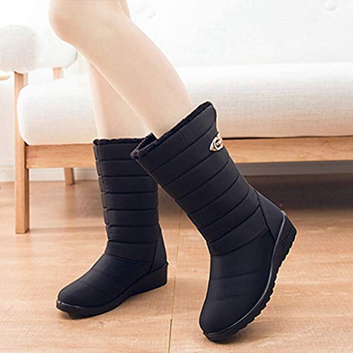 MIOKE Women's Waterproof Rain Mid Wide Calf Snow Boots Warm Fur Lightweight Slip On Winter Cold Weather Boot 6