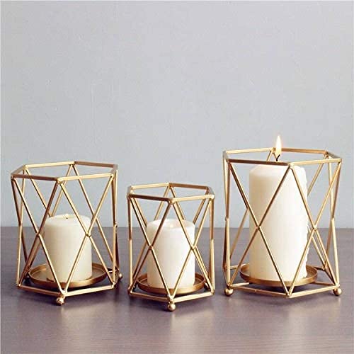 Quace Set of 3 Nordic Style Candle Holder Gold Geometric Metal Iron Art Candle Base…