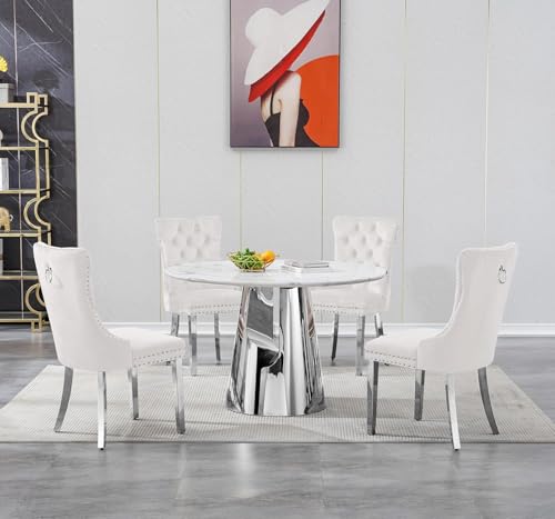 Image of 5-Piece Round Dining Table Set for 4, Modern Faux Marble Kitchen Table and Beige Velvet Chairs Set of 4, Luxury 45 inch Circle White Silver Dining Room Tables with Stainless Steel Base