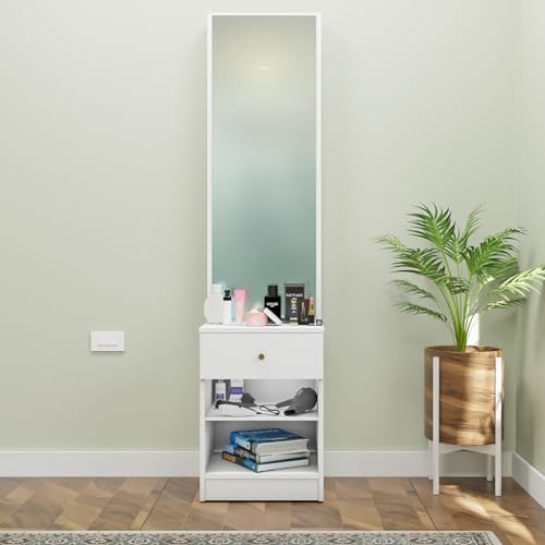 Image of VIKI | Engineered Wood Dressing Table with 1 Drawer, Mirror and Huge Storage Space | Vanity for Living Room, Bedroom (Frosty White - 43.8W x 40D x 182.6H cms)