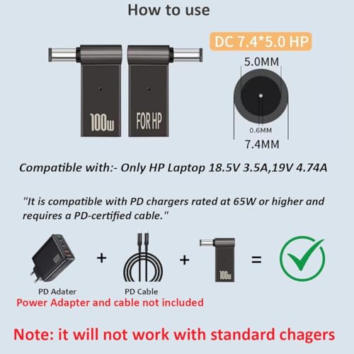 Image of Tobo USB C to 7.4mm Laptop Charging Adapter Female Type C to Male DC 7.4 x 5.0mm HP Jack Plug Converter 100W PD Power Charger Connector TD-1264CC