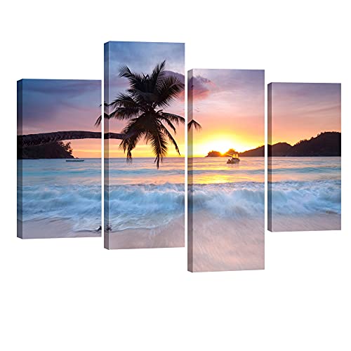 Pyradecor Sunrise Beach Theme Large 4 Piece Seascape Giclee Canvas Prints on Canvas Wall Art Modern Gallery Wrapped Ocean Sea Waves Pictures Paintings Artwork Ready to Hang for Home Décor L