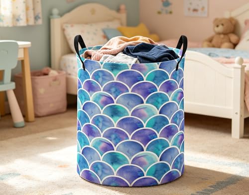Image of ESSME Kids Laundry Basket,Mermaid Hamper Collapsible Canvas Waterproof Storage Bin for Girls, Cute Hamper,Gift Baskets(Blue)