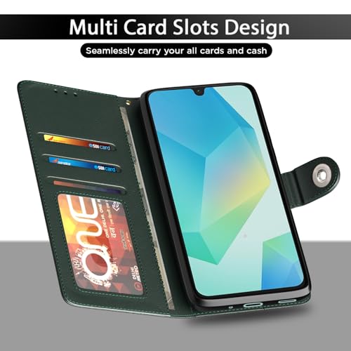 Image of Pikkme Flip Cover Leather Finish | Inside TPU with Card Pockets | Wallet Stand and Shock Proof | Complete Protection Button Flip Case for Samsung Galaxy A16 5G (Green)