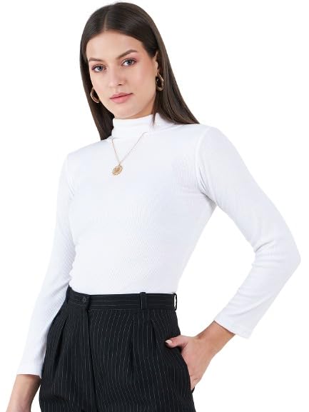 Women's Cotton Solid Turtleneck Ribbed Top | Long Sleeves Stretchy Fitted Top for Women | Knitted Pullover Western T-Shirt