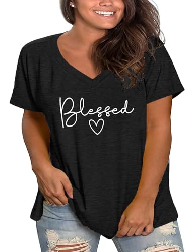 Plus Size Blessed Shirts Women V Neck T Shirts Short Sleeve Tshirts Summer Tops2