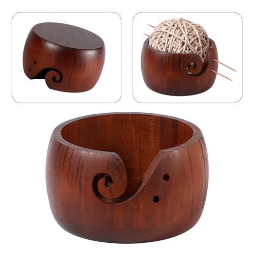 Image of NQEUEPN 6'' Wooden Yarn Bowl Holder, Yarn Bowls for Crochet & Knitting, Brown Pine Wood, Prevents Tangles, Portable, Ideal Gift