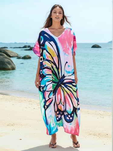 Image of IMAGEKOPE Kaftan Dresses for Women Plus Size Bathing Suit Cover up Vneck Batwing Dress Loose fit Moroccan Caftan mumu Dresses