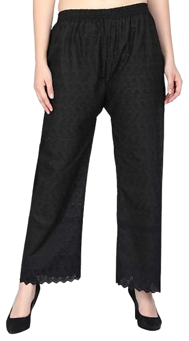 NICE WONDERWomen's Chicken Full Embroidery Cotton Palazzo/Chikan Lucknow Art Work Plazo Size 28 to 44