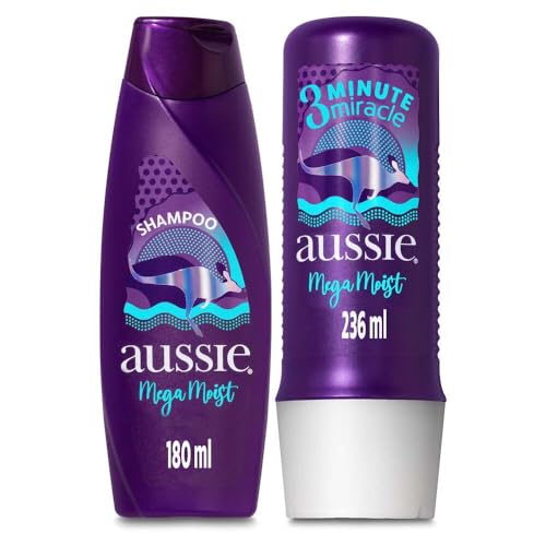 Kit Aussie Mega Moist contendo um frasco de shampoo de 180ml e um frasco de tratamento 3 Minute Miracle de 236ml, ambos na cor roxa.