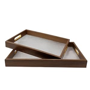2-Piece Wooden Serving Tray Set with Handles – Elegant Rectangular Serving Platters/Trays for Tea, Coffee, Snacks & Breakfast | Kitchen & Dining Trays | Party Serving and Platters (Brown 3)