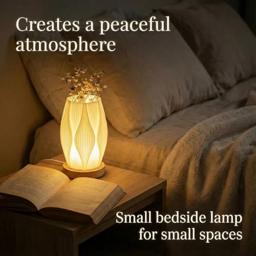 Image of Small Bedside Lamp for Nightstand, 3D Printed Mini Table Lamp, 3 Color Temperatures Warm to Cool White, Cozy Small Lamp for Bedroom Dorm Tight Spaces, Ash Wood Base, 8.8 Inch Tall - Flame