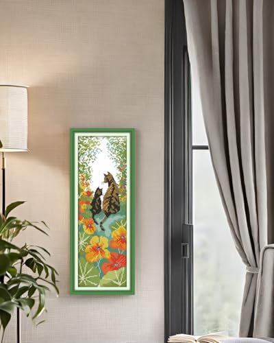 Image of CaptainCrafts Cross Stitch Kits for Adults Counted Cats Pattern Art Decor | Unprinted 14CT Fabrics, Flowers Cats Back Cross Stitching, DIY Hand Embroidery, Relaxing Crafts
