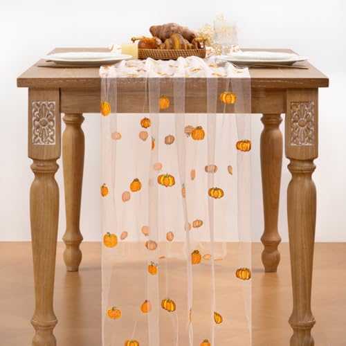 Image of Pumpkin Embroidery Fall Table Runner White Sheer Tulle Table Runner, 3PC