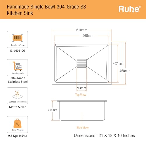 Image of Ruhe Handmade Single Bowl Kitchen Sink - 21x18x10 inches | 304-Grade Stainless Steel Sink Matte Finish | Kitchen Sink Including Coupling, Waste Pipe & Vegetable Washing Basket | 25 Year Warranty