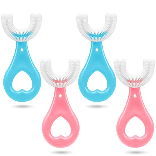 4 Pack Kids U Shaped Toothbrush with Soft Silicone Brush Head,Whitening Massage Toothbrush U-Type Toothbrush 360Â° Oral Teeth Cleaning Design for Toddlers and Children Ages 2-8 Year Old(Blue+Pink)