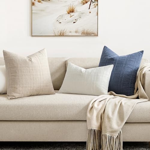 Image of MIULEE Decorative Linen Check Lumar Throw Pillow Covers Neutral Farmhouse Vintage Pillow Covers 12x20 Set of 2 Boho Modern Home Decor for Sofa Couch Bedroom Cushion Cream White