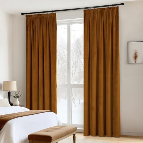 MIULEE Golden Brown Velvet Pencil Pleat Darkening Curtains for Bedroom 2 Panel Set, Super Soft Luxury Home Decor Living Room - Image 2