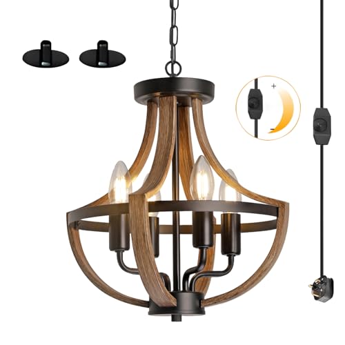SEEBLEN Farmhouse Plug in Chandelier Dimmable, 4-Light Hanging Pendant Light with 14.7ft Cord,Rustic Metal Ceiling Light Faux Wood Grain Color for Dining Room Kitchen Foyer Hallway Entryway Bedroom.