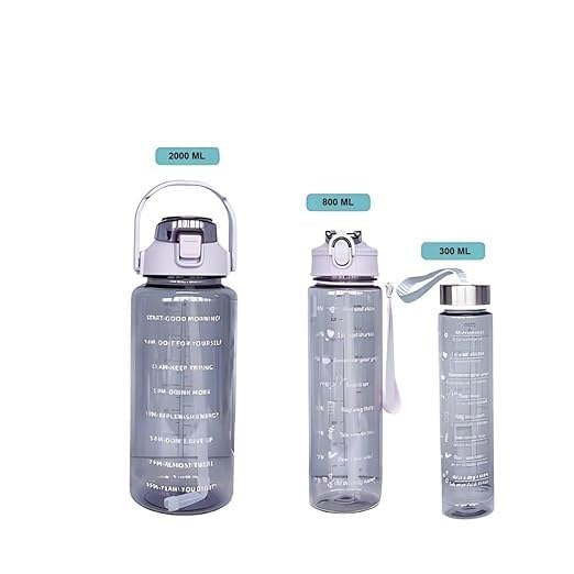 Image of Set of 3 Transparent Water Bottle 2000ML, 900ML, 300ML with Motivational Time Marker |Leak Proof&Break-Proof | Best Usage For Office /School /Gym /Travel (SET OF 3) (PURPLE)