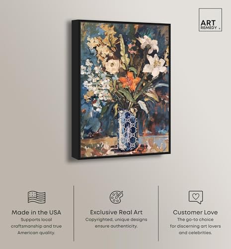 Image of Art Remedy Blue Floral Vase Canvas Floral Vase Wall Art, Black Frame, 36 inch x 54 inch